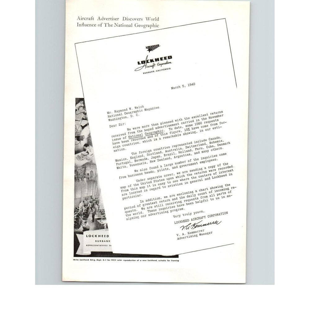 1940 Lockheed Aircraft Corporation Vintage Print Ad National Geographic Letter